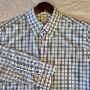 Brooks Brothers Blue & White Plaid Shirt, Slim Fit, Size Medium